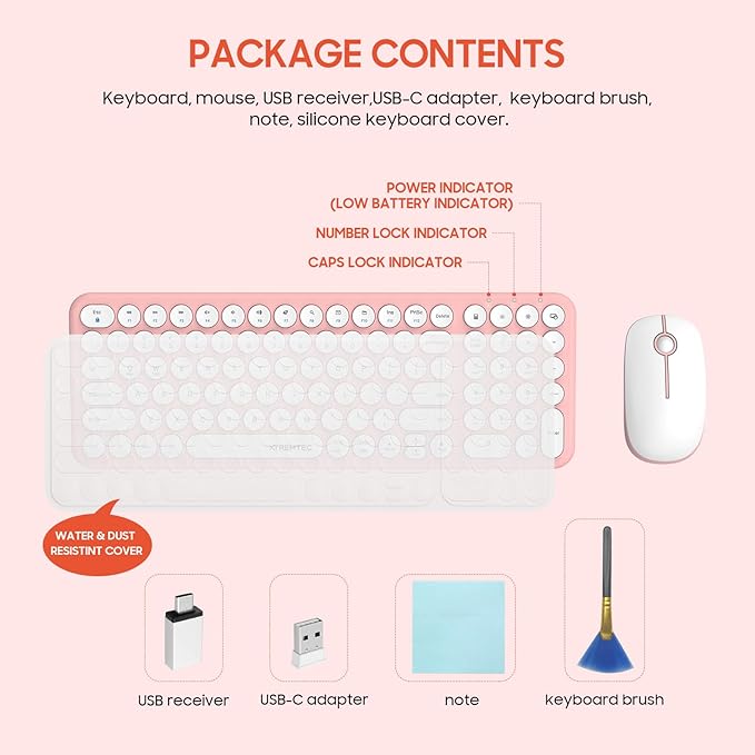 Wireless Keyboard and Mouse Combo, XTREMTEC Cute Compact -Size Pink Retro Round Keycap, Ultra Thin Quiet 2.4GHz Retro Kawaii Keyboard for Mac/PC/Laptop (Sakura Pink)