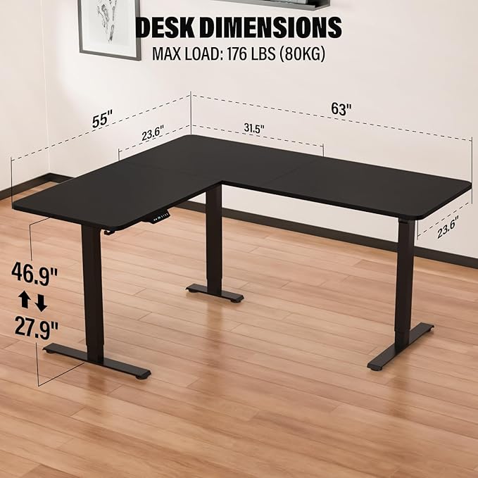 63 x 55 inch L Shaped Standing Desk, Corner Computer Desk, Electric Adjustable Height Stand Up Table, L Sit Stand Desk for Home Office Gaming, Classical Black