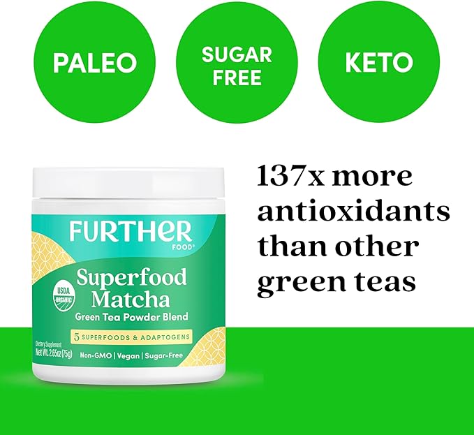 Further Food Premium Matcha Green Tea Powder USDA Organic Japanese Matcha Powder, Natural Energy + Focus + Boost Immune System, Antioxidant Plant-Based Detox Superfood (30 Servings)