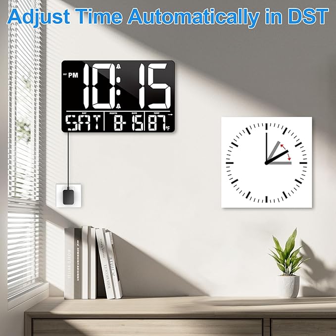 13" Digital Wall Clock Large Display with Remote, 25 Ringtones, Temperature, Calendar, 0-100% Auto or Custom Brightness, 12/24H, DST, Timer, for Living Room, Kitchen, Bedroom, Office, Elderly