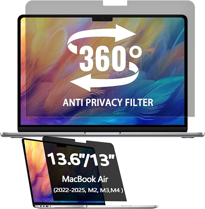 360° Privacy Screen Protector for MacBook Air 13.6/13 Inch (2022-2025, M2, M3，M4), Privacy Screen Filter for MacBook Air 13.6 Inch, Anti-Spy/Anti Fingerprint/Anti Blue Light/Anti Glare