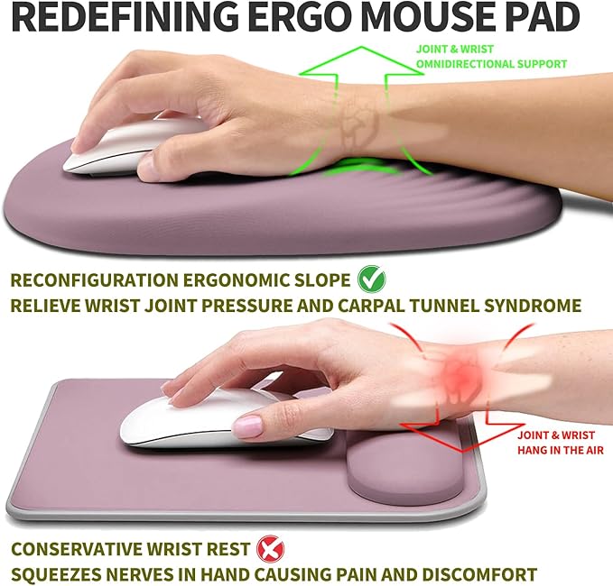 Hokafenle Ergonomic Mouse Pad Wrist Support, Terraced Slope Carpal Tunnel Wrist Pad for Mouse with Unibody Memory Foam, Wrist Rest Pain Relief Mousepad (Pale Purple, 11.8x7.9 in)