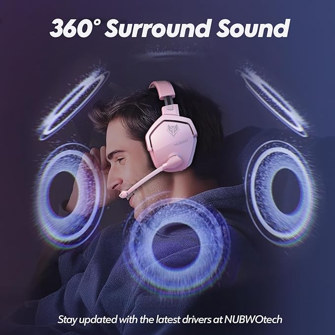 NUBWO G06 Dual Wireless Gaming Headset with Mic for PS5, PS4, PC, Mobile, Switch: 2.4GHz Wireless + Bluetooth - 100 Hr Battery - 50mm Drivers - Pink