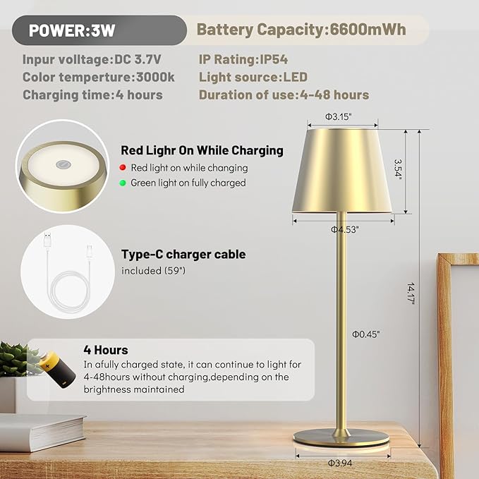 Maksone 2 Pack LED Cordless Table Lamp, 6600mWh Rechargeable Battery Desk Lamp, 3000K Stepless Dimming Night Light, IP54 Waterproof Metal Outdoor Portable Lamp for Camping, Restaurant (Gold)