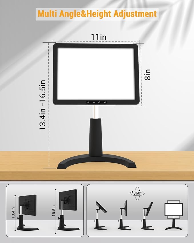 Light Therapy Lamp, 12000 Lux Full Spectrum 3 in 1 Therapy Lamps UV-Free LED Sunlight, Adjustable 10 Brightness 5 Color Modes, Timer, Height, Angle& Detachable Stand, Black