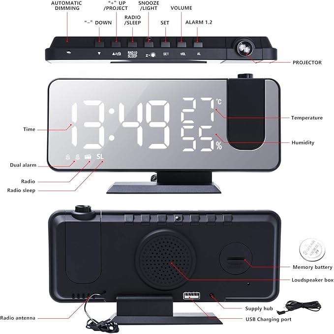 Projection Alarm Clock for Bedroom, Digital Alarm Clock with USB Charger, 7.4" Large LED Mirror Display Radio Alarm Clock, Dual Smart Alarm with Projection on Ceiling, Black