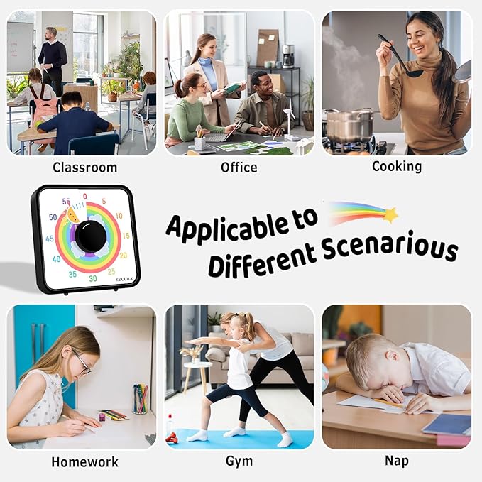 Secura 60-Minute Visual Timer, 7.5 Inch Magnetic Rainbow Countdown Timer for Classroom or Kitchen, Durable Mechanical Timer Clock with Magnetic Backing (Black & Sun)