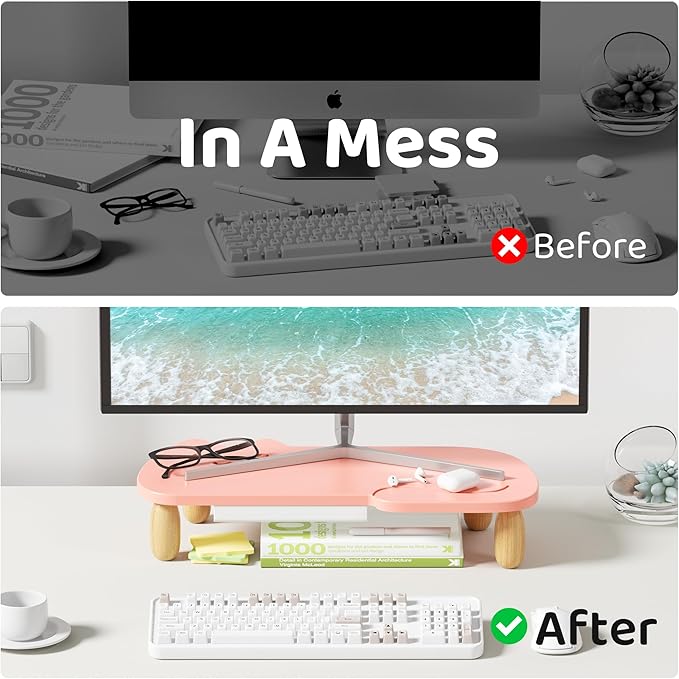 Monitor Stand Riser, Cat-Shaped Sturdy Wood Multi-Purpose Desktop Organizer for Computer, Laptop, Printer, TV, Pink