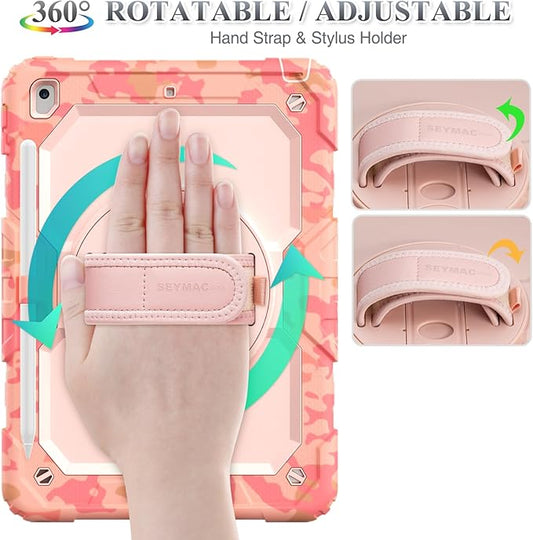 SEYMAC stock Case for iPad 9th/ 8th/ 7th Generation 10.2'', Shockproof with Screen Protector, Pencil Holder [360° Rotating Hand Strap] & Stand, for iPad 10.2 inch 2021-2019 (Pink Camo)