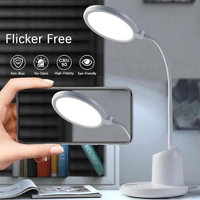 Desk Lamp for Dorm Room Essentials, Office Eye-Caring 88 LED Bright Reading Table Lamp, 2800-5500K Touch Stepless Dimming Desk Light, USB Charging Port Pen Holder for Phone, Flexible Gooseneck White