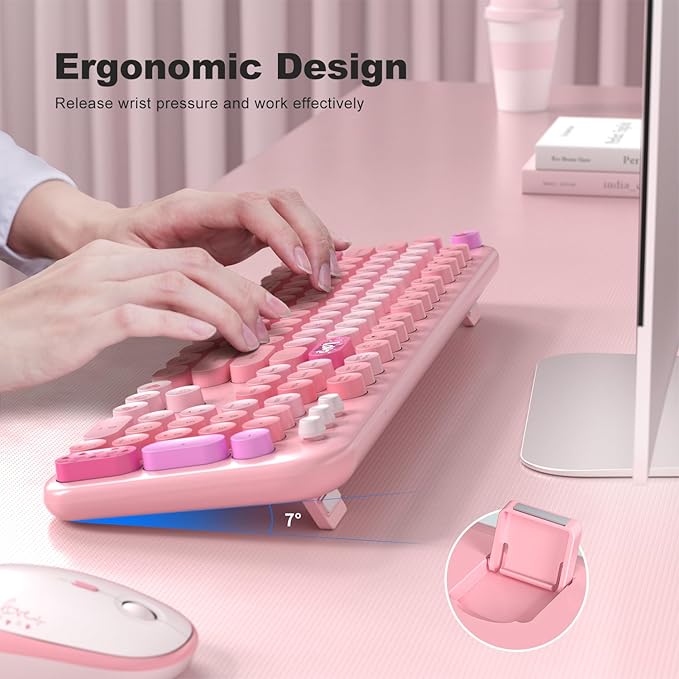 MOFII Wireless Keyboard and Mouse Combo, Cute Keyboard Full Size and Wireless Mouse, 2.4GHz Retro Typewriter Keyboard Wireless Mouse Set for PC/Desktop/Laptop/Windows (Pink Colorful)