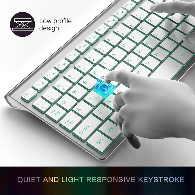 J JOYACCESS Wireless Keyboard and Mouse Combo with 7 Backlit Options,Quiet Light Up Keys,Type-C Rechargeable,Sleep Mode-2.4G Slient Portable Cordless Combo for Laptop/PC/Computer/Mac(White+Sliver)