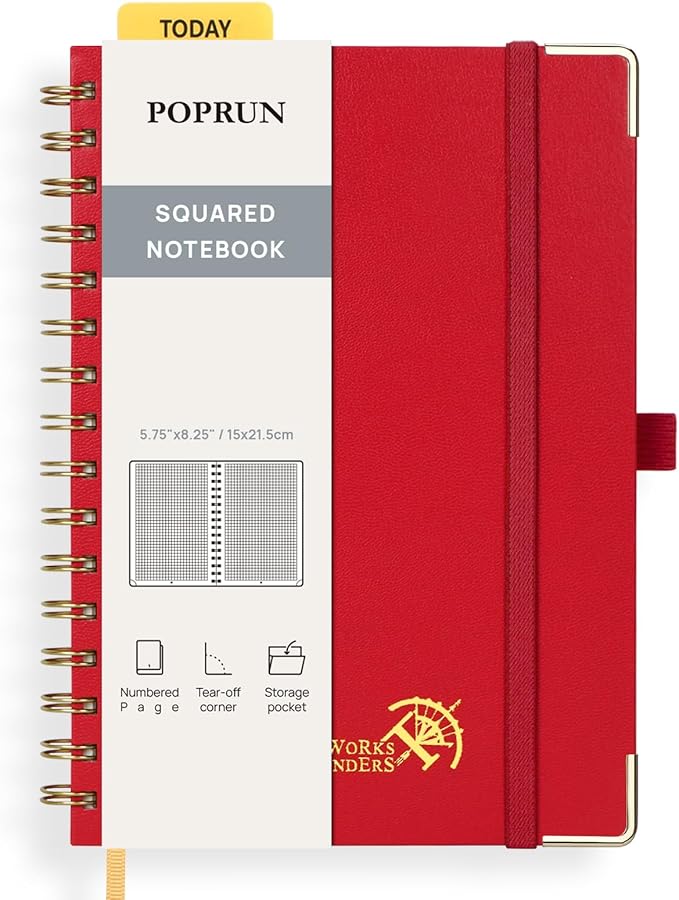 POPRUN Graph Paper Spiral Journal Notebook, [A5-5.75'' x 8.25''] - 120 GSM Thick Paper, 141 Numbered Pages, Grid Notebooks for Men & Women with Pocket, Index Tabs, 8 Perforated Sheets,Red