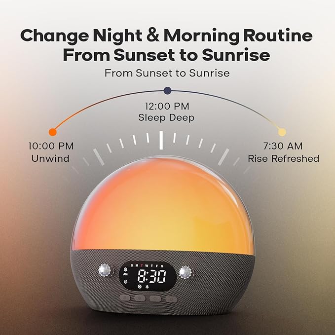 Dekala RestOnn Sunrise Alarm Clock 7-Day Programmable Dual Alarm Clock with Sunset White Noise Sound Machine Natural Sounds Amber Night Light, Bluetooth Speaker, 3000mAh Battery Backup, App Control
