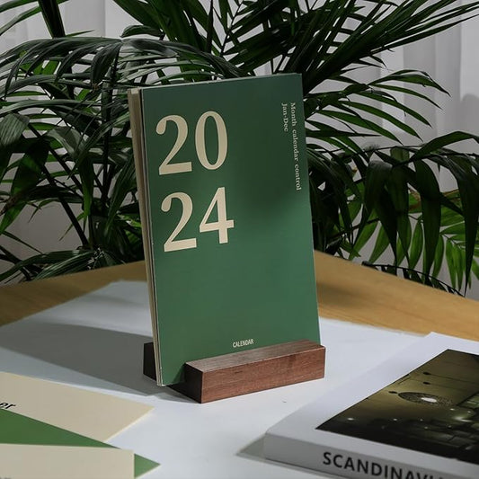 UNIQOOO 3.5" Walnut Wood Stand for Monthly Desk Calendar, Wooden Block Base, Cardstock Holder, For Office Home Retail Reception Decor, Photo Display, 2 Pack