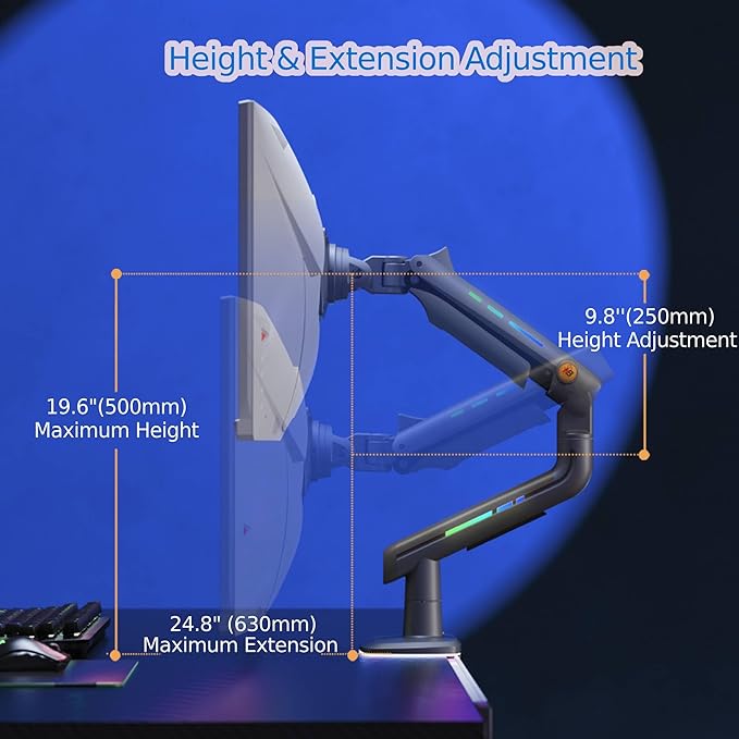 NB Gaming Monitor Arm for Screen up to 60 inches, Holds 44 lbs(20 kg), VESA 75/100, RGB Light, Heavy Duty Monitor Stand, Aluminum Ultrawide Screen Mount Height Angle Adjustable Grey Black