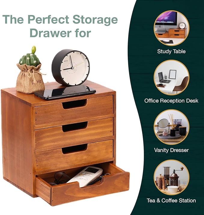 4 Drawer Desktop Storage Organizer in Modern Wood Design (9.8”x6.9”x 9.8”) 4-Drawer Stackable Drawer Unit - Vanity Accessories Organizer (1-Pack)