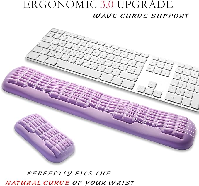 UnivoColors Full-Sized Keyboard & Mouse Wrist Rest Set-Ergonomic 3.0 Upgrade,Wave Curve Support,Comfortable Support & Fatigue Relief,Non-Slip Base,Perfect for Work & Gaming(Lavender)