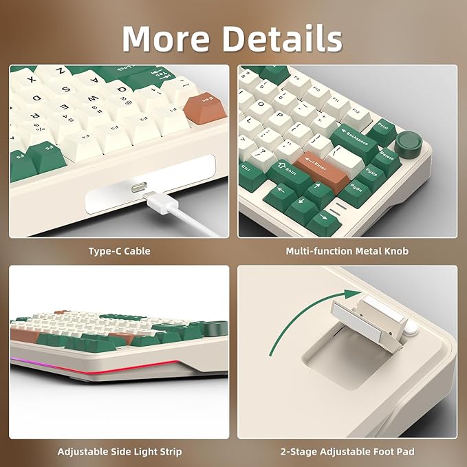 75% Retro Green Wired Hot Swappable Mechanical Keyboard with Metal Knob | Mount Gasket | Programmable RGB Backlit & Adjustable Side Light (KTT Brown Switch)