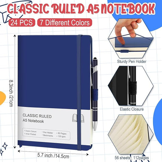 24 Sets Journal Notebook Bulk A5 Hardcover Notebook Classic Journal Set with Pen Holder with Pens for School Business Work Travel Writing (Multicolor)