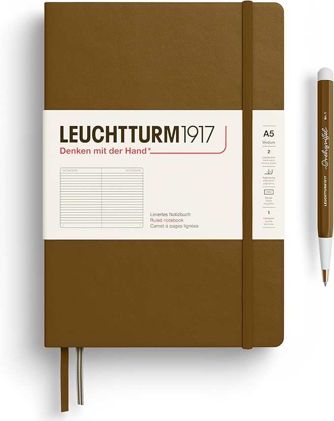 LEUCHTTURM1917 - Notebook Hardcover Medium A5-251 Numbered Pages for Writing and Journaling - Thinking Ahead (Ruled Paper, Spice Brown)