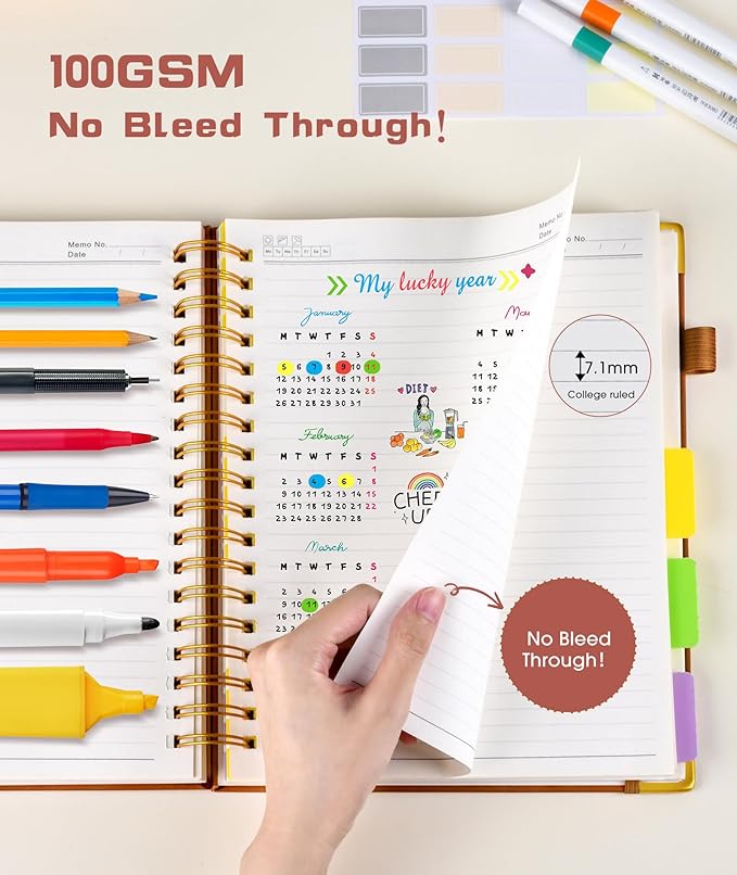 Hardcover Spiral Notebook journal with Removable Dividers Tabs, 300 Pages Leather 5 Subject Notebook College Ruled,A5 Notebooks for Work School Note taking,Lined Journal for Women,A5 Light Brown