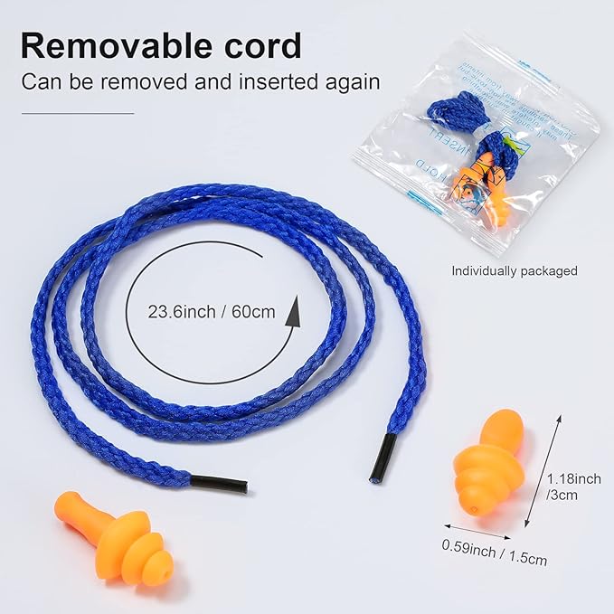 Tondiamo 200 Pairs Ear Plugs Reusable Silicone Earplugs with Cord Sleeping Individually Wrapped Hearing Protection Noise Cancelling Earplugs for Work Construction Shooting Sports(Blue, Orange)