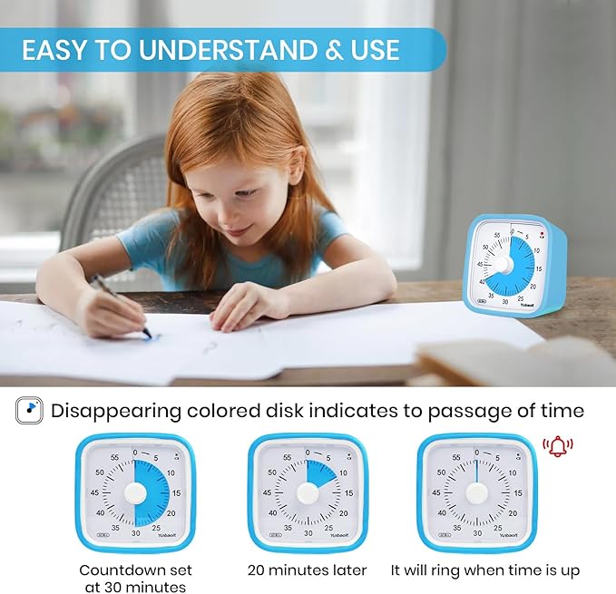Yunbaoit Upgraded Visual Timer with Protective Case 60 Minute Countdown Timer for Kids with Low Power Indicator Light Clock Time Management Tool (Blue Blue)