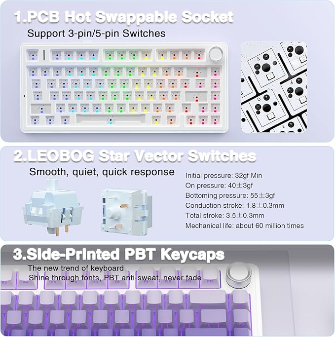 AULA F75 Pro Wireless Mechanical Keyboard,75% Hot Swappable Custom Keyboard,RGB Backlit,Pre-lubed Linear Switches,Side Printed PBT Keycaps Mechanical Gaming Keyboards,Gradient Purple