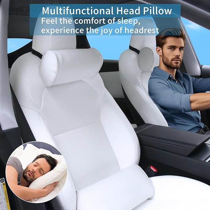 Car Headrest Pillow for Driving - Luxury Leather 100% Memory Foam, Ergonomic Neck Support - Universal Fit Head Rest Travel Pillow for Most Cars, Home & Office, White, 1 Pack