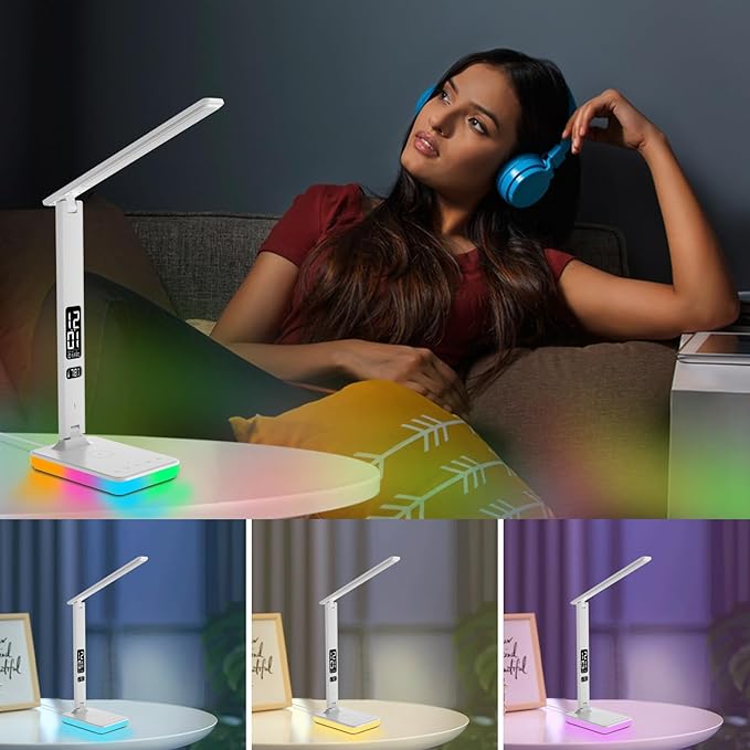 LED Desk Lamp with Wireless Charger, USB Charging Port, Reading Lamp Desk Light with 5 Brightness, 3 Colors, Table Lamp with Clock, Alarm, Date, Temperature, Desk Lamp for Home Office Study (White)