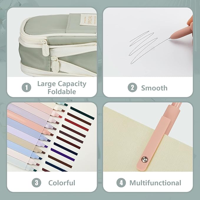 Henoyso 18 Set Aesthetic School Supplies Include Big Capacity Study Pen Bag with Zipper 12 Pcs Chisel Tip Bible Highlighters 5 Pcs Quick Dry Retractable Black Ink Pens for Student Office(Green)