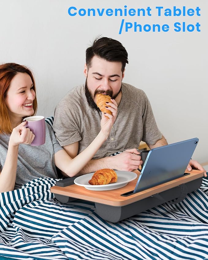Portable Lap Desk, Laptop Stand for Bed with Soft Wrist Rest, Tablet/Phone Slot, Fabric Handle, Laptop Bed Desk with Cushion (Light Brown)