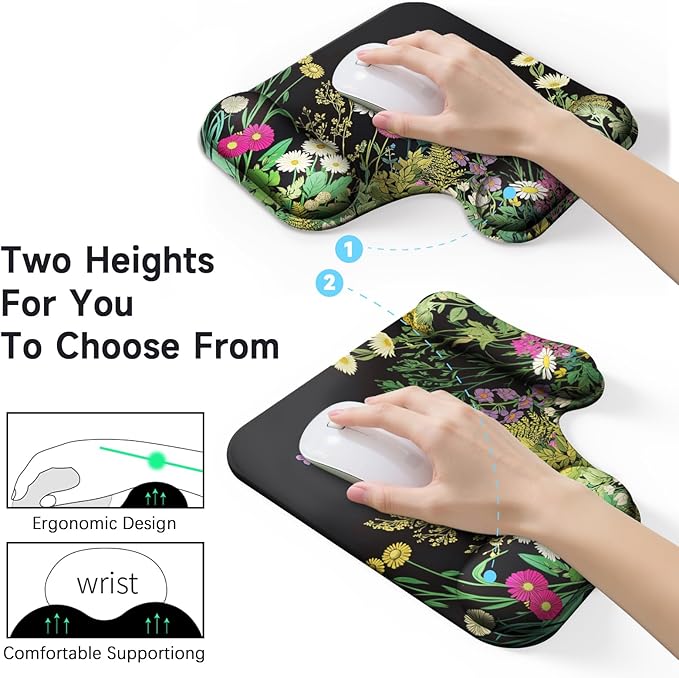 Ergonomic Mouse Pad with Gel Wrist Rest (1"& 1.2" Dual Height) - Mouse Pads Compact Mousepad Desk Mat Office, Gaming & Carpal Tunnel Relief | Non-Slip Rubber Base | Wildflower Black