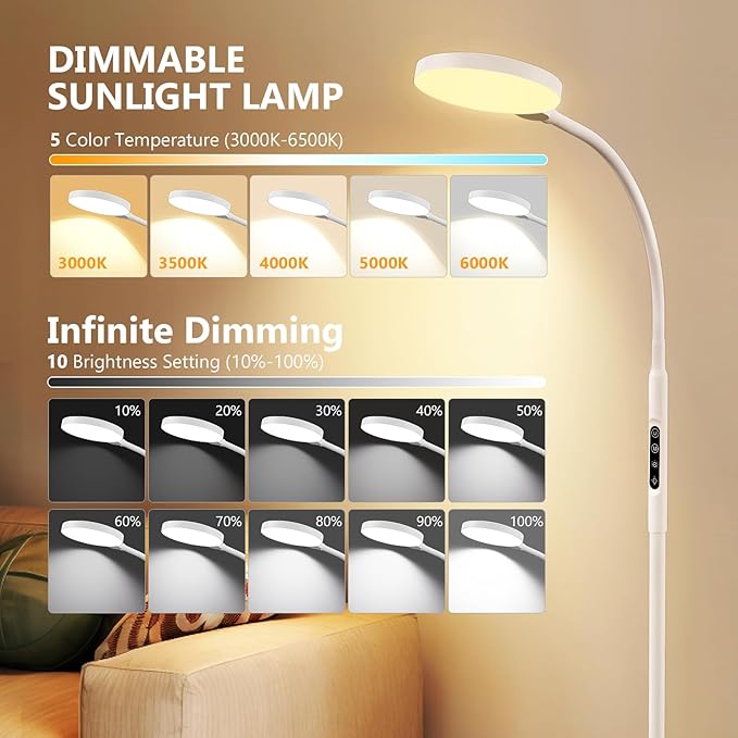 Light Therapy Lamp, 3 in 1 Therapy Floor Lighting, 11000 Lux Full Spectrum Therapy Lamps, UV-Free LED Sunlight, 10 Brightness/5 Color/Gooseneck/Height Adjustable Timer Control, White