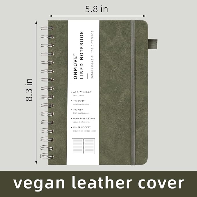 Spiral Notebooks Journal for Women Men 12 Pack Bulk Leather Hardcover with Pen Holder A5 160 Pages 100 GSM Thick Paper for Work School Lined Green