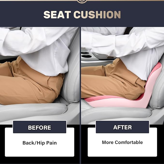 Coverado Seat Cushion and Lumbar Support Pillow One Piece for Car Office Chair, Ergonomic Memory Foam Desk Chair Cushion Back Support Pillow, Sciatica & Back & Tailbone Pain Relief Cushion-Pink
