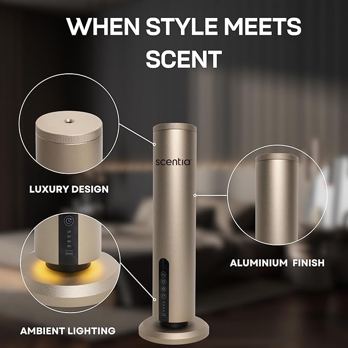 Max Diffuser for Home – Waterless Scent Diffuser with Wireless Control & Programmable Settings | Covers 1500 Sq Ft | Cold-Air Technology | Gold | Hotel Oils Included