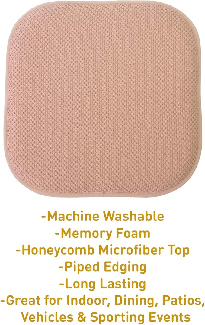 Sweet Home Collection Chair Cushion Memory Foam Pads Honeycomb Pattern Slip Non Skid Rubber Back Rounded Square 16" x 16" Seat Cover, 2 Pack, Blush