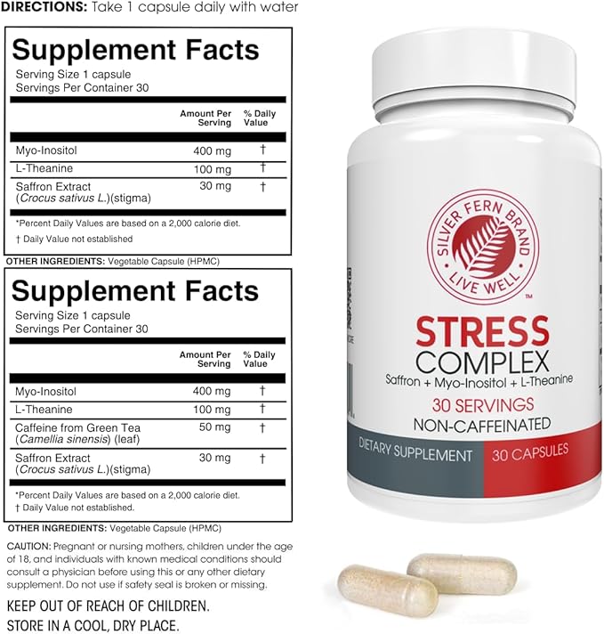 Silver Fern Stress Complex Supplement - Without Caffeine - Sleep, Worry, Mood & More - with Saffron Supplements, L-Theanine Supplement, & Myo-inositol - Natural Stress Relief Supplement (Pack of 2)