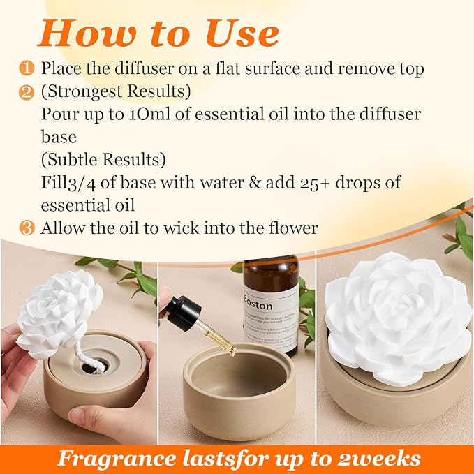 Honeydak 2 Pcs Flower Essential Oil Diffuser Stone White Ceramic Porcelain Passive Oil Diffuser Improves Sleep and Relieves Stress Non-Electric Handmade Decorative Tabletops for Desk (Fresh Syle)
