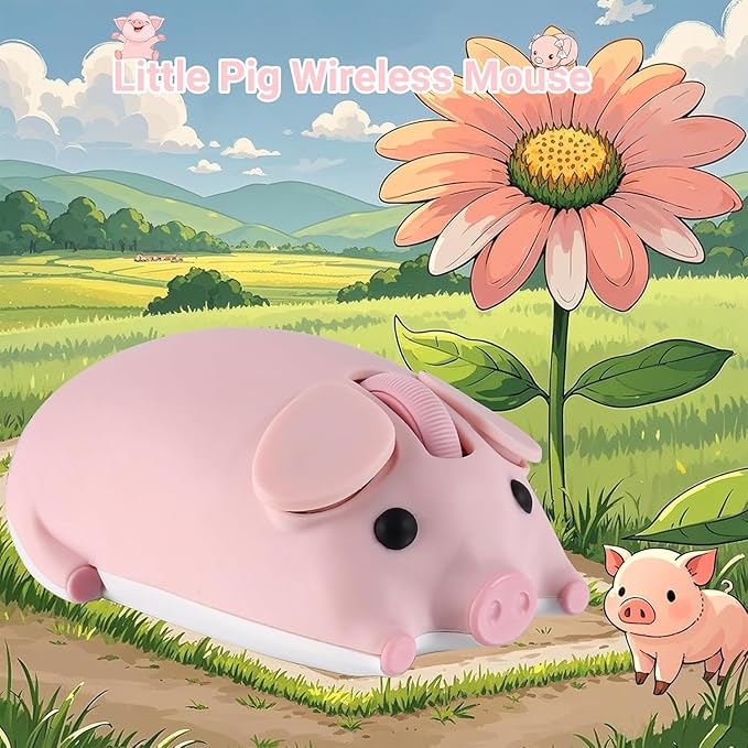 Cute Pig Design Wireless Mouse - Dual Mode Bluetooth & USB, Silent Operation, Ergonomic, Ideal for Laptops & PCs, for Animal Lovers and Family (pnik)