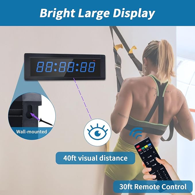 Gym Timer Clock with Remote Control & Wired Start/Stop Button,7 RGB Color, Programmable Interval Timer, Countdown/Up Stopwatch,Wall Clock for Home Gym Garage,Portable Training Accessories