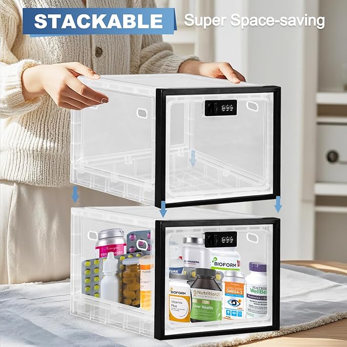 Medicine Lock Box for Safe Medication, Premium Material Lockable Storage Box Locking Organizer Bin with Combination Code for Fridge Food/Snacks/Phone/Tablet Jail/Home/Office Storage Lockers