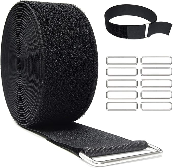 2" x32ft Reusable Cinch Strap with 20 Metal Buckles, Cut-to-Length Fastening Securing Straps, Adjustable Nylon Cable Straps and Cord Ties for Organizer or Storage, 2 inch Wide, Black