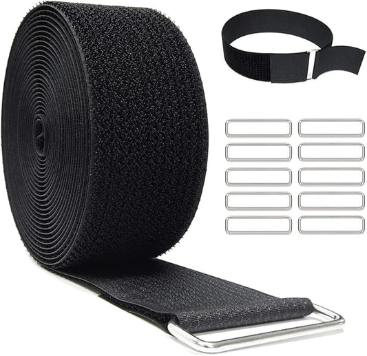 2" x32ft Reusable Cinch Strap with 20 Metal Buckles, Cut-to-Length Fastening Securing Straps, Adjustable Nylon Cable Straps and Cord Ties for Organizer or Storage, 2 inch Wide, Black