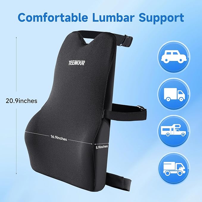 Lumbar Support Pillow for Car Improve Lower Back Pain Relief & Sitting Posture Back Support Memory Foam Back Cushion for Driving, Lumbar Comfort for Long Sitting, Truck with Three Adjustable Straps