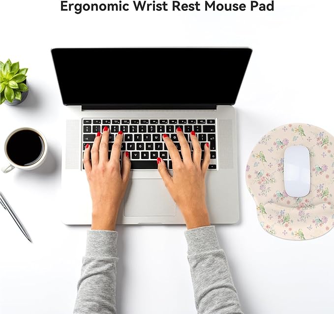 RICHEN Ergonomic Mouse Pad with Wrist Support,Non-Slip Rubber Base for Computer Laptop & Mac,Lightweight Rest for Home,Office & Travel (Pink Flowers Birds)