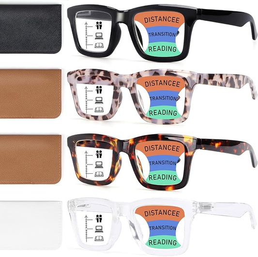 4 Pack Progressive Multifocus Reading Glasses for Women Men, Blue Light Blocking Spring Hinge Computer Readers