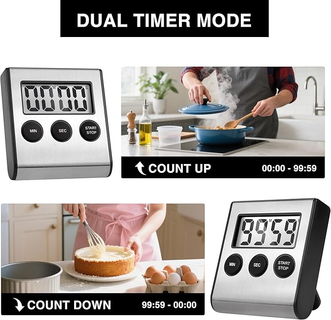 Digital Kitchen Timers for Cooking Strong Magnetic Stainless Steel Countdown Timer for Baking Exercise Office Classroom-2PACK